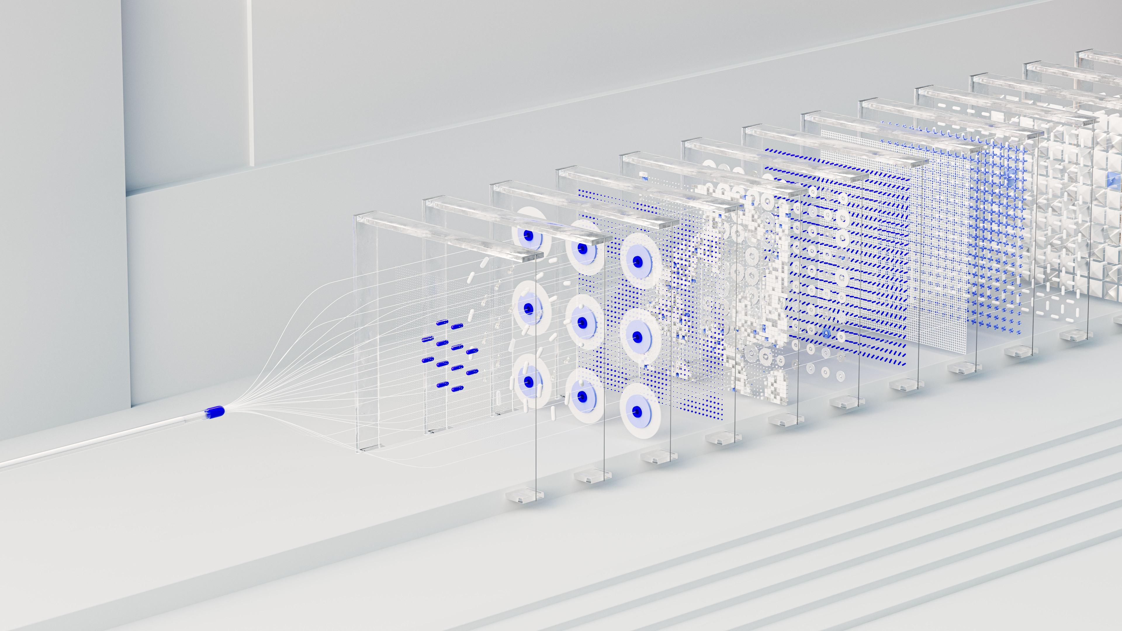 Data flowing from a single strand into a sequence of layered, transparent processing panels.